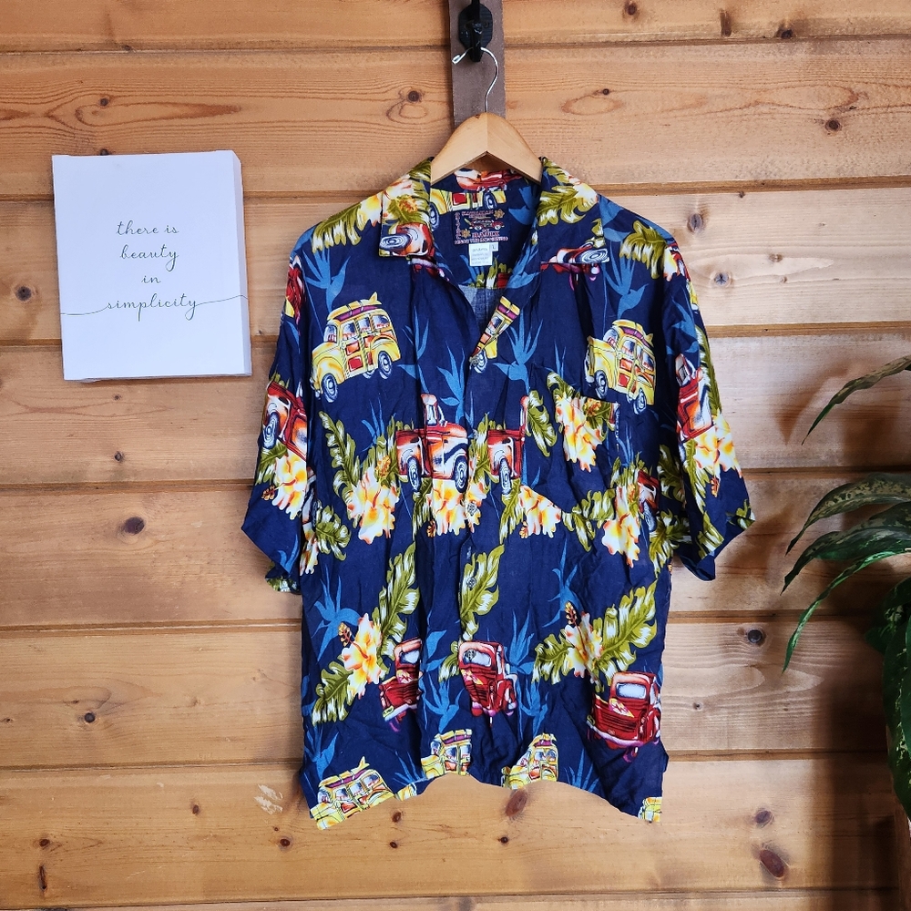 Basix Hawaiian Shirt Vintage Floral Van Truck Surf Button Down‎ Classic Sz Large